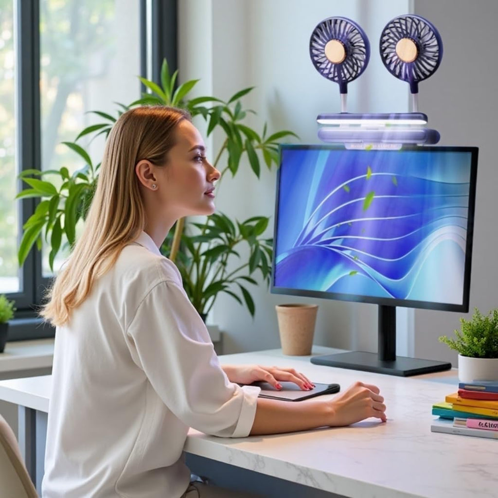 USB-Monitor-Clip-Ventilator mit aufklappbarer LED-Lichtleiste, leiser, zweiköpfiger USB-Lüfter zur persönlichen Kühlung von Desktop-PCs und Laptops im Büro, 3 Windgeschwindigkeiten