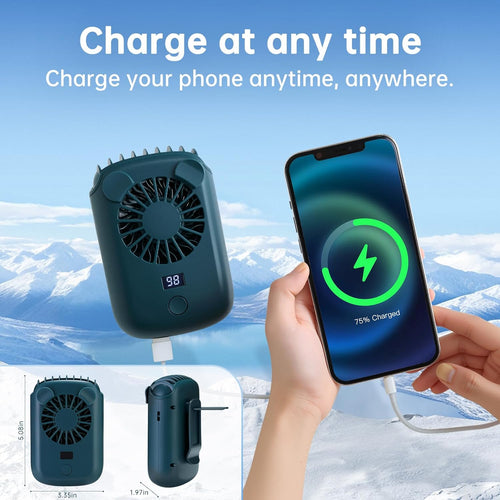 Dieser tragbare KI-Nackenventilator lädt Mobiltelefone, verfügt über 4 Geschwindigkeitsstufen, einen kraftvollen Turbo-Luftstrom und eine Beleuchtung. Der persönliche Brustventilator kann bis zu 50 Stunden lang betrieben werden.