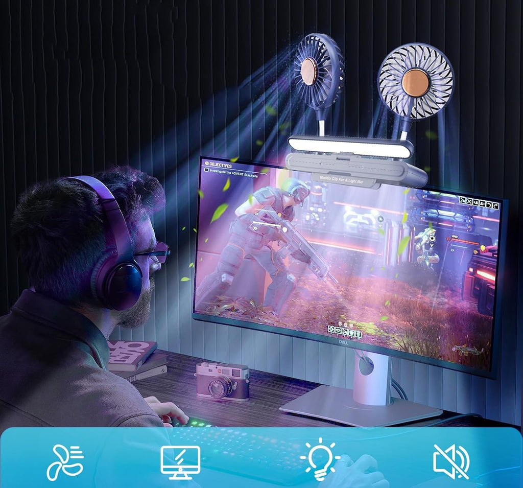 USB-Monitor-Clip-Ventilator mit aufklappbarer LED-Lichtleiste, leiser, zweiköpfiger USB-Lüfter zur persönlichen Kühlung von Desktop-PCs und Laptops im Büro, 3 Windgeschwindigkeiten