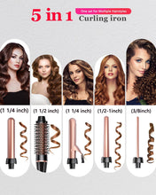 Laden Sie das Bild in den Galerie-Viewer, 5-in-1 Lockenstab- und Wärmebürsten-Set mit 4 austauschbaren Keramikaufsätzen (0,9–3,2 cm), schnelles Aufheizen, Dualspannung, Reise-Haarstyling-Set, Geburtstagsgeschenk