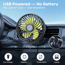 Laden Sie das Bild in den Galerie-Viewer, USB-betriebener, tragbarer Clip-Ventilator für die Lüftungsschlitze im Auto mit 3 Geschwindigkeitsstufen, leisem, bürstenlosem Motor, 360° drehbar, Mini-Lüfter
