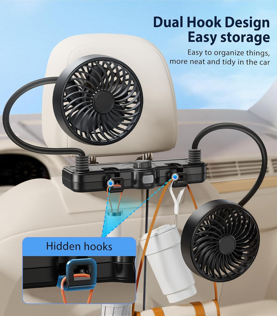 Doppelkopf-Schwanenhals-Autolüfter für die Rückbank von Kindern, 5V/12V/24V USB-Autolüfter für die Kopfstütze, geeignet für rückwärtsgerichtete Kindersitze, Autositzkühler mit Kaltluftzufuhr
