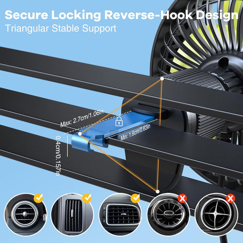 USB-betriebener, tragbarer Clip-Ventilator für die Lüftungsschlitze im Auto mit 3 Geschwindigkeitsstufen, leisem, bürstenlosem Motor, 360° drehbar, Mini-Lüfter