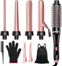 Laden Sie das Bild in den Galerie-Viewer, 5-in-1 Lockenstab- und Wärmebürsten-Set mit 4 austauschbaren Keramikaufsätzen (0,9–3,2 cm), schnelles Aufheizen, Dualspannung, Reise-Haarstyling-Set, Geburtstagsgeschenk