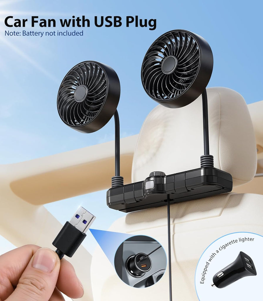 Doppelkopf-Schwanenhals-Autolüfter für die Rückbank von Kindern, 5V/12V/24V USB-Autolüfter für die Kopfstütze, geeignet für rückwärtsgerichtete Kindersitze, Autositzkühler mit Kaltluftzufuhr