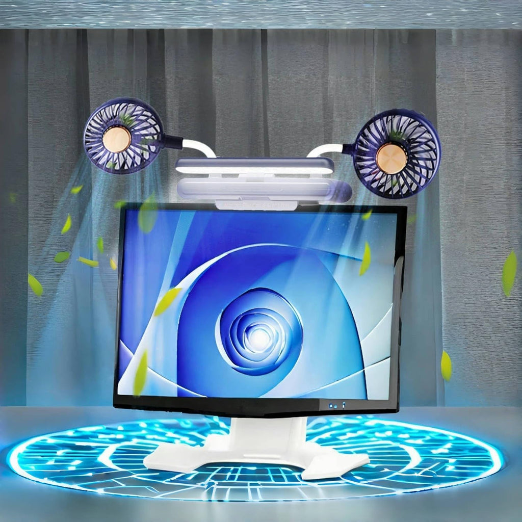 USB-Monitor-Clip-Ventilator mit aufklappbarer LED-Lichtleiste, leiser, zweiköpfiger USB-Lüfter zur persönlichen Kühlung von Desktop-PCs und Laptops im Büro, 3 Windgeschwindigkeiten